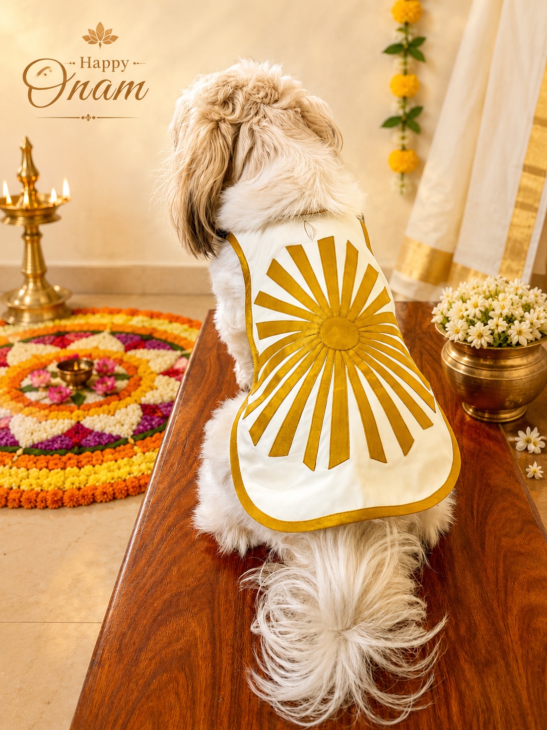 Back view of the Peachie Wear kasavu outfit showing its gold sunburst design