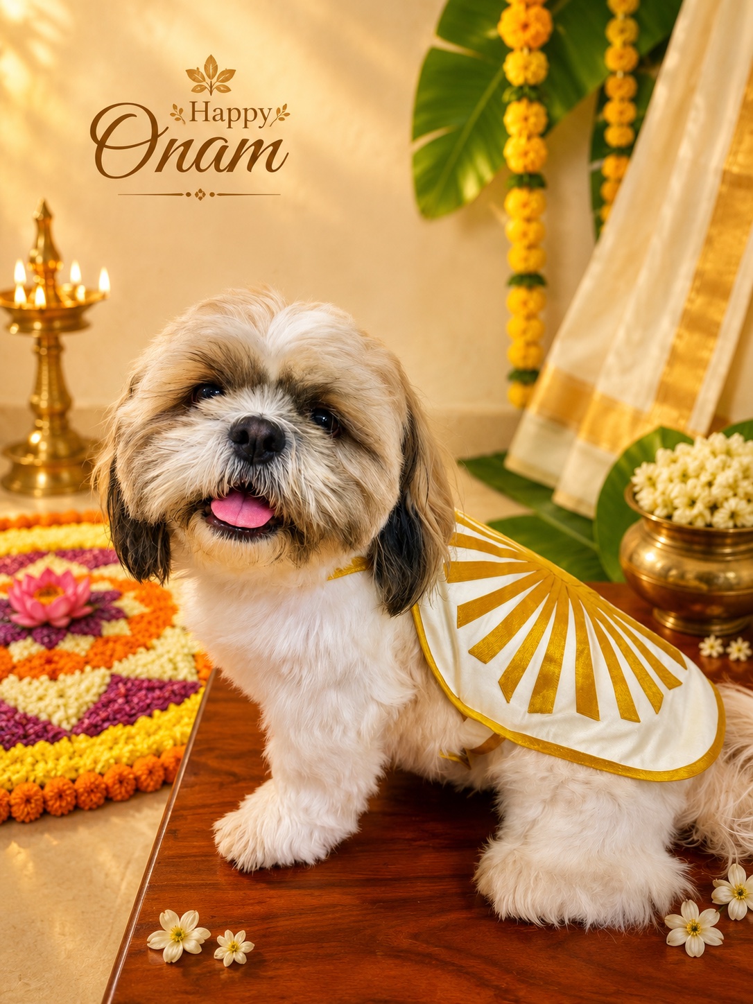 Shih Tzu wearing Peachie Wear's ivory and gold kasavu festive outfit
